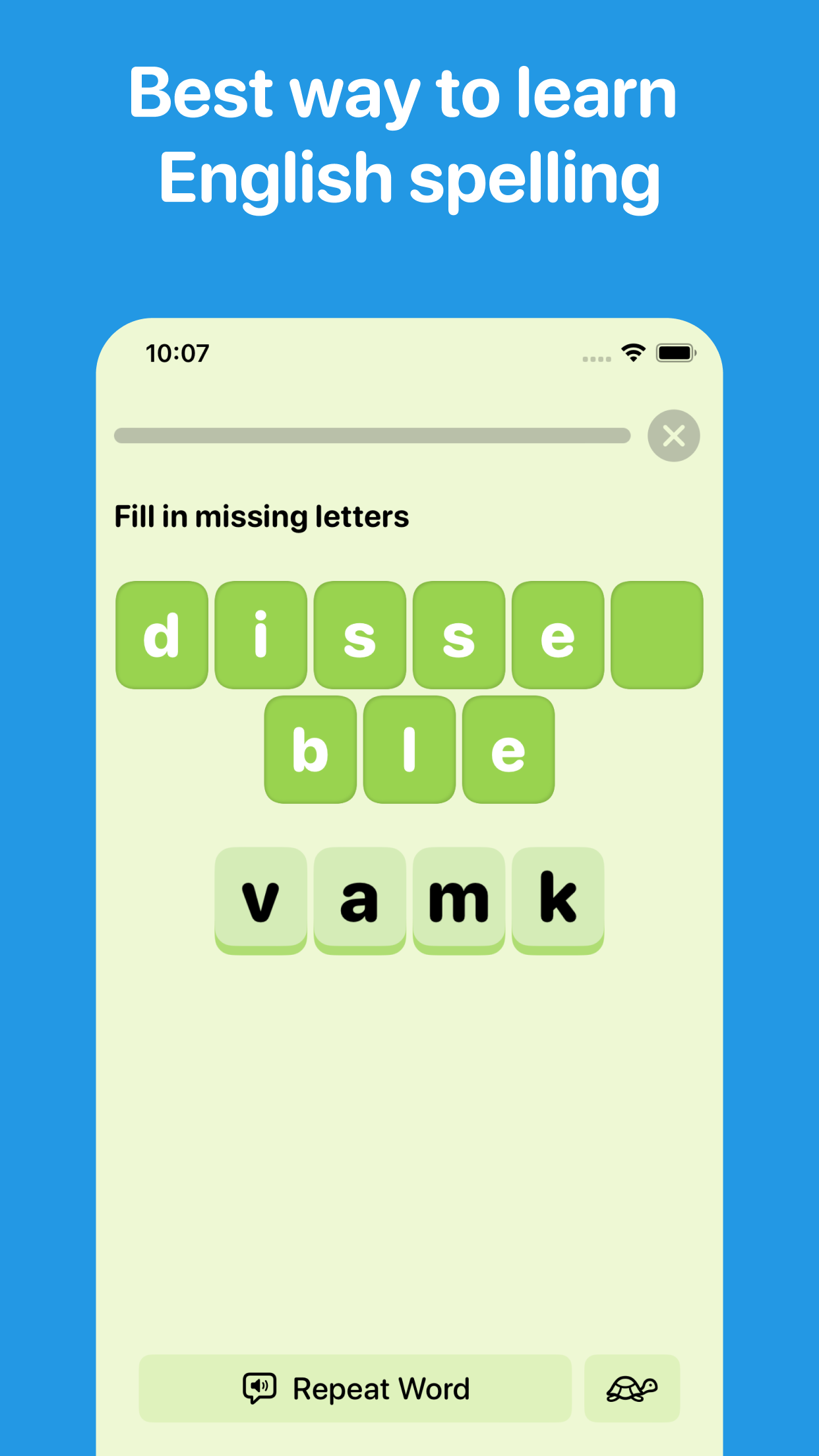 Beezy spelling game for filling in missing letters