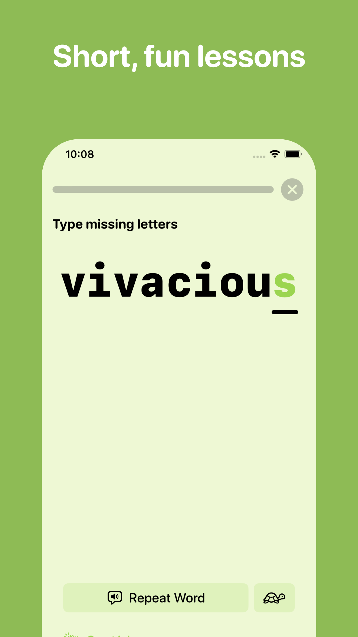 Beezy short spelling lesson with a missing letter exercise