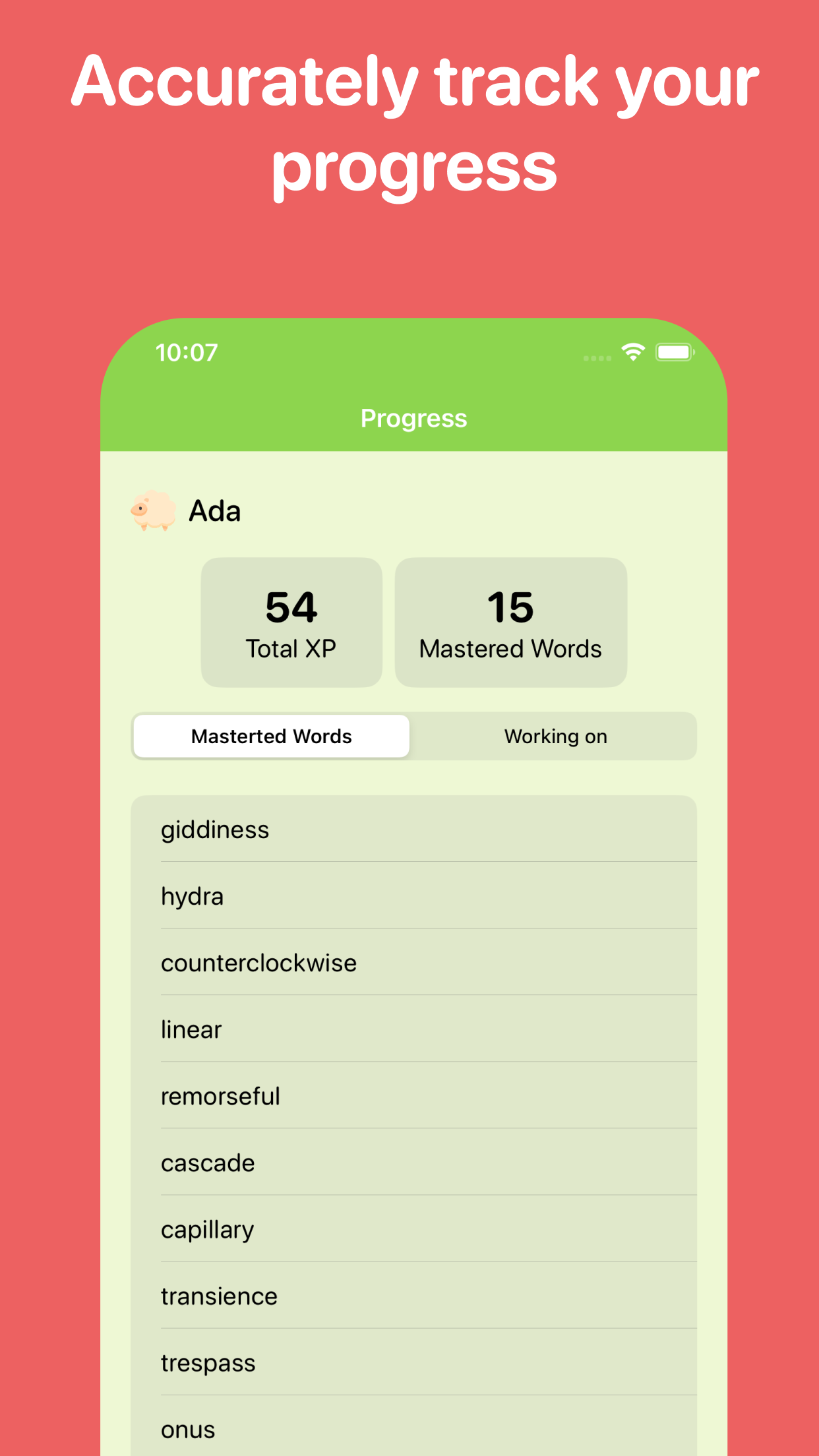 Beezy progress screen showing mastered and working-on words