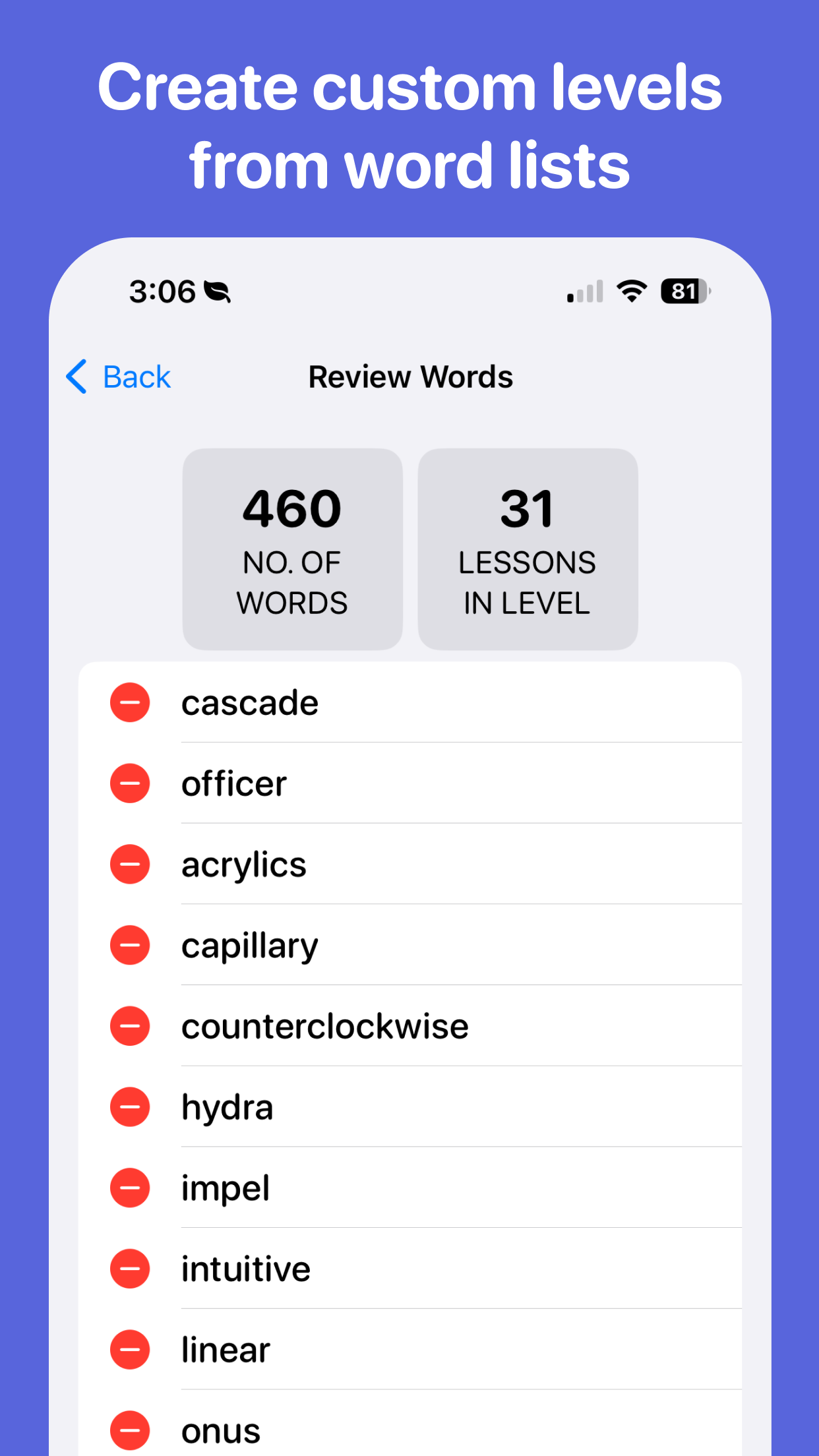 Beezy custom spelling level created from a school word list