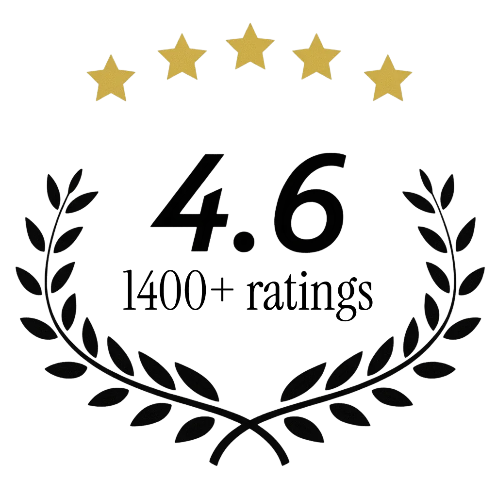 Beezy rating badge showing 4.8 stars and 1400 plus ratings